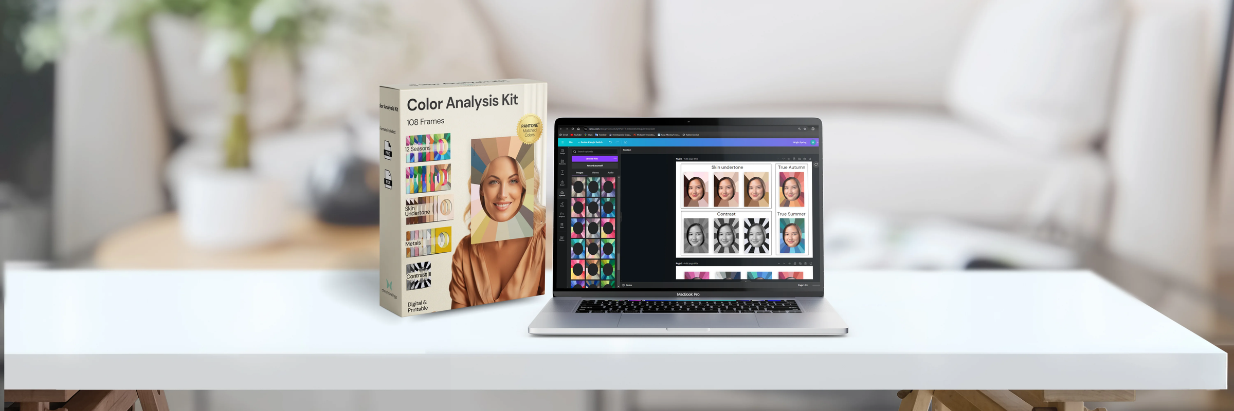 Laptop on a table displaying the Color Analysis Kit being used in Canva for analysis