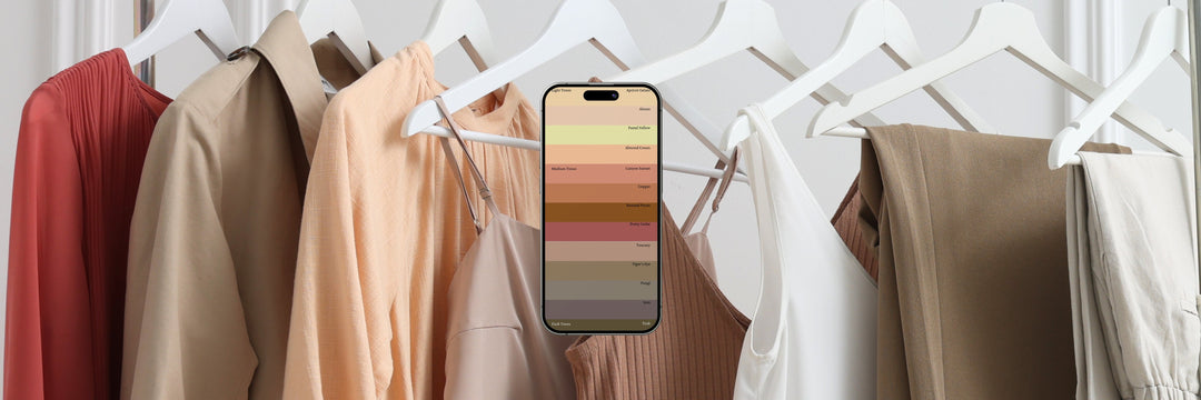 Phone displaying a color palette for shopping, with clothing in the background.