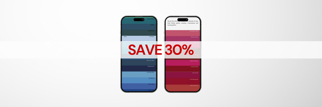 Color palette and makeup palette displayed on two phones, with "Save 30%" displayed on top of them, indicating they are being offered together as a package.