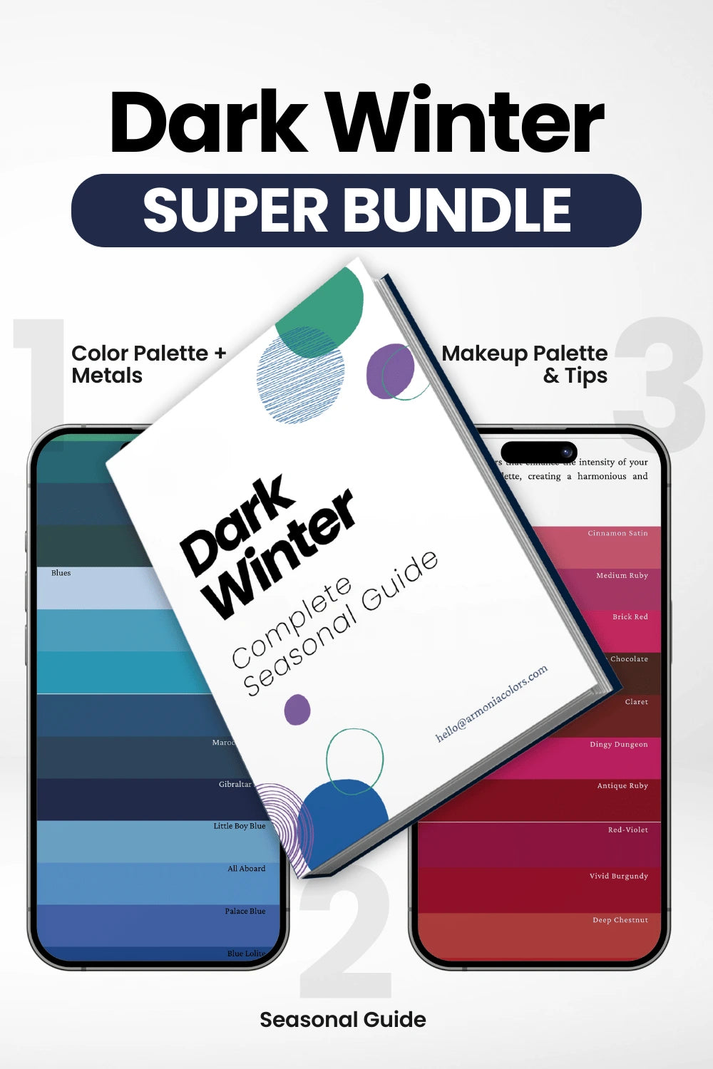 dark winter super bundle. seasonal guide in the center, color palette on the left, makeup palette on the right