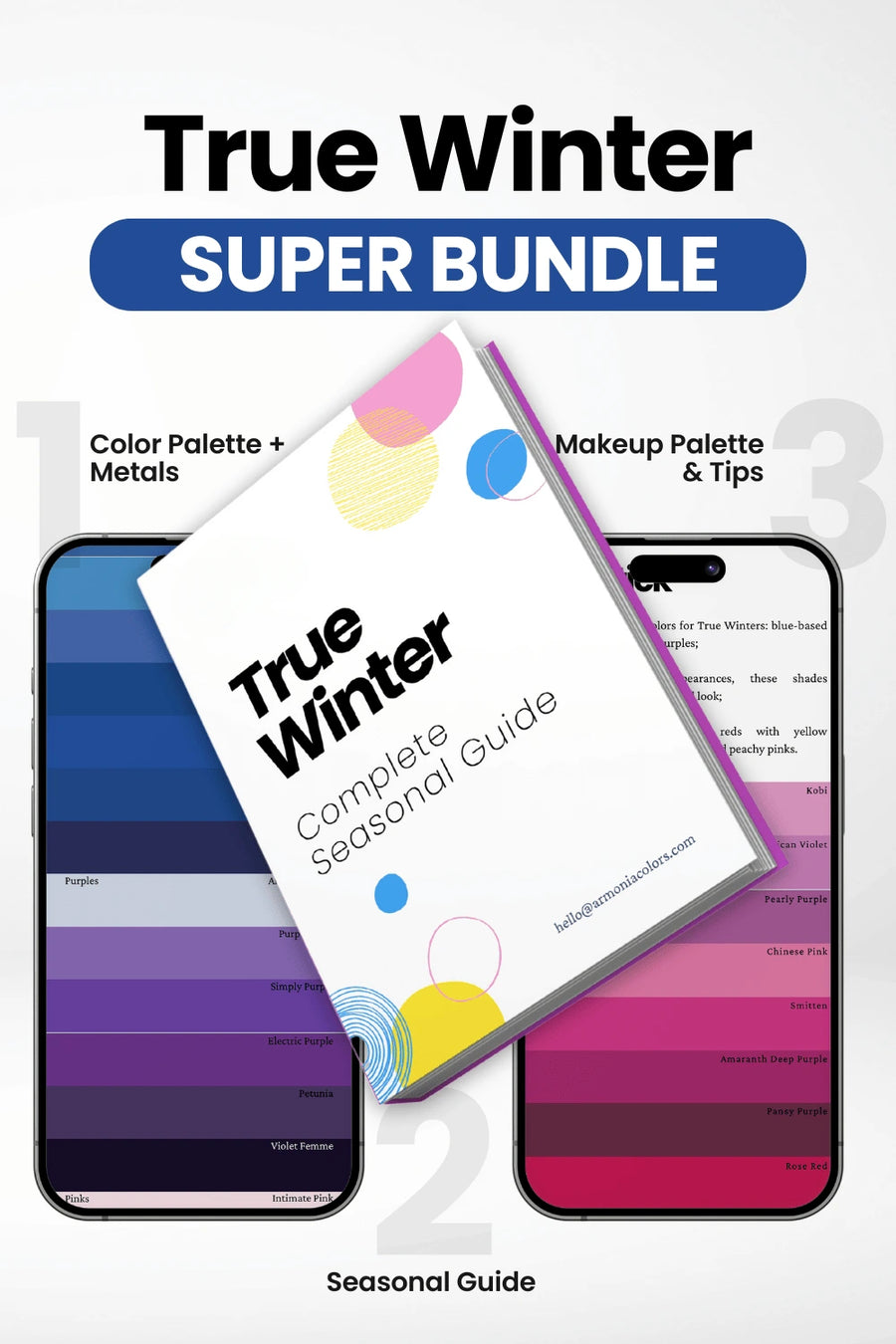 true winter super bundle. seasonal guide in the center, color palette on the left, makeup palette on the right