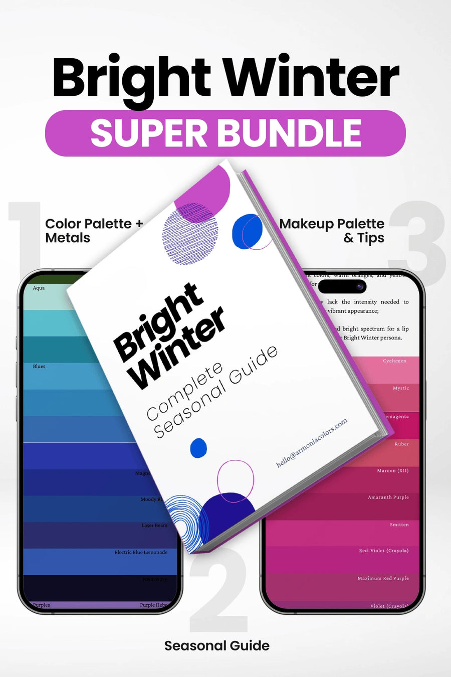 bright winter super bundle. seasonal guide in the center, color palette on the left, makeup palette on the right