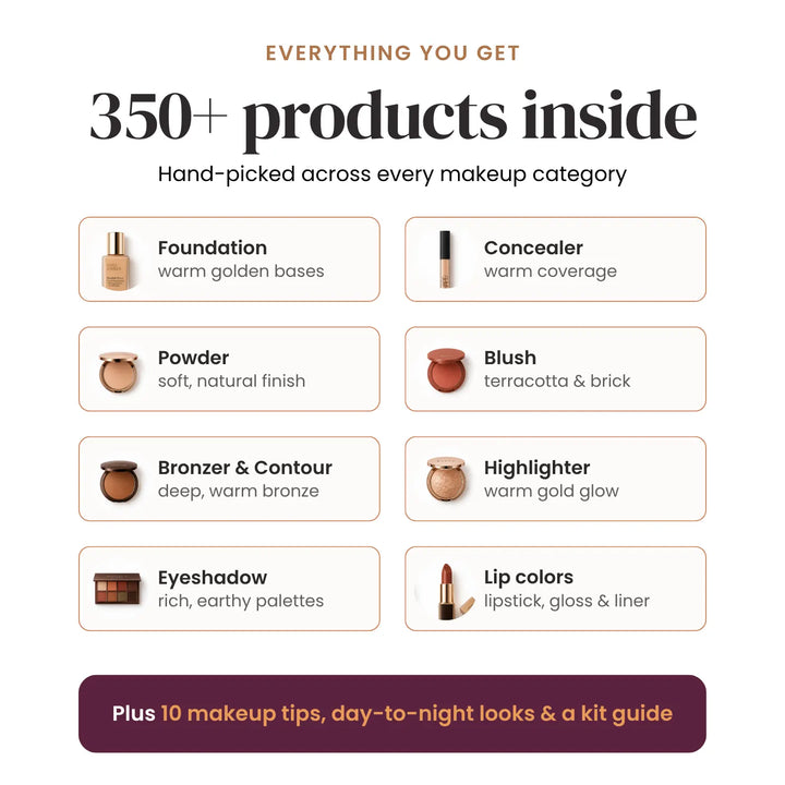 Promotional graphic for a makeup kit, featuring text that reads 'Everything you get, 350+ products inside' and a grid of makeup categories including foundation, concealer, powder, blush, bronzer & contour, highlighter, eyeshadow, and lip colors, with a dark purple banner at the bottom. #season_autumn