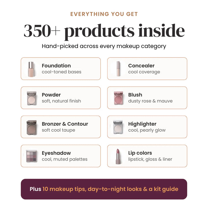 Promotional graphic for a makeup kit, featuring text that reads 'Everything you get, 350+ products inside' and a grid of makeup categories and shades including foundation, concealer, powder, blush, bronzer & contour, highlighter, eyeshadow, and lip colors. A dark maroon banner at the bottom says 'Plus 10 makeup tips, day-to-night looks & a kit guide'. #season_Summer