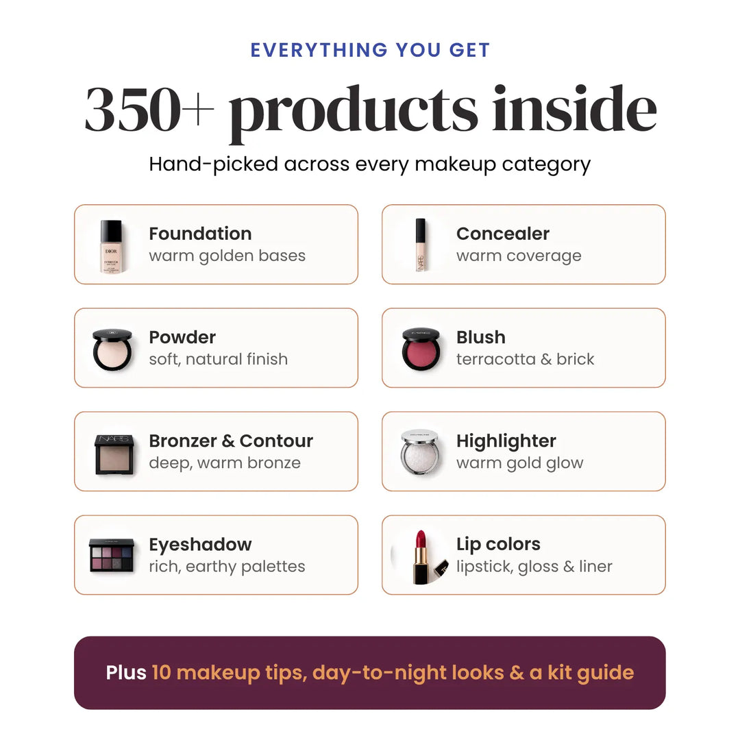 Promotional graphic for a makeup kit, featuring the text '350+ products inside' and listing categories such as foundation, concealer, powder, blush, bronzer, contour, highlighter, eyeshadow, and lip colors with brief color descriptions. #season_winter