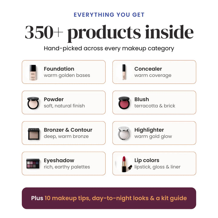 Promotional graphic for a makeup kit, featuring the text '350+ products inside' and listing categories such as foundation, concealer, powder, blush, bronzer, contour, highlighter, eyeshadow, and lip colors with brief color descriptions. #season_winter