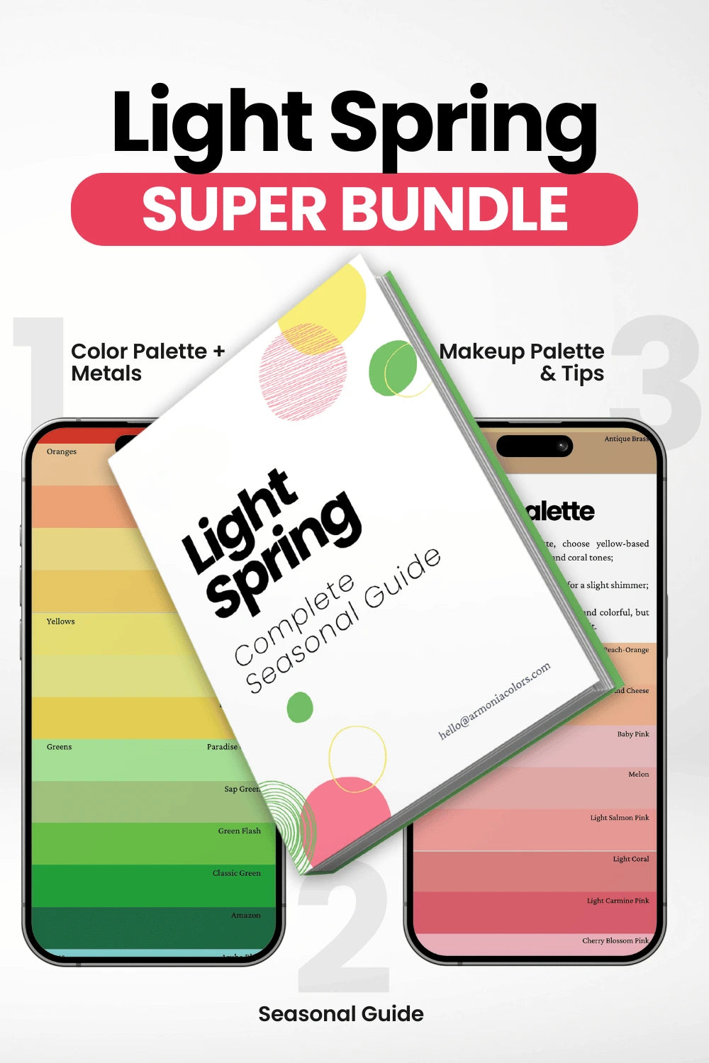 Light Spring super bundle cover, seasonal guide in center, color palette into the left and the makeup palette on the right