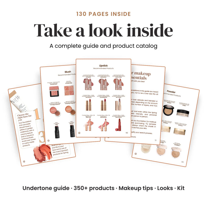 Promotional graphic for a makeup guide book showing several interior pages fanned out on a white background. Large text reads 'Take a look inside' and '130 pages inside,' with smaller text describing a complete guide and product catalog. #season_Spring