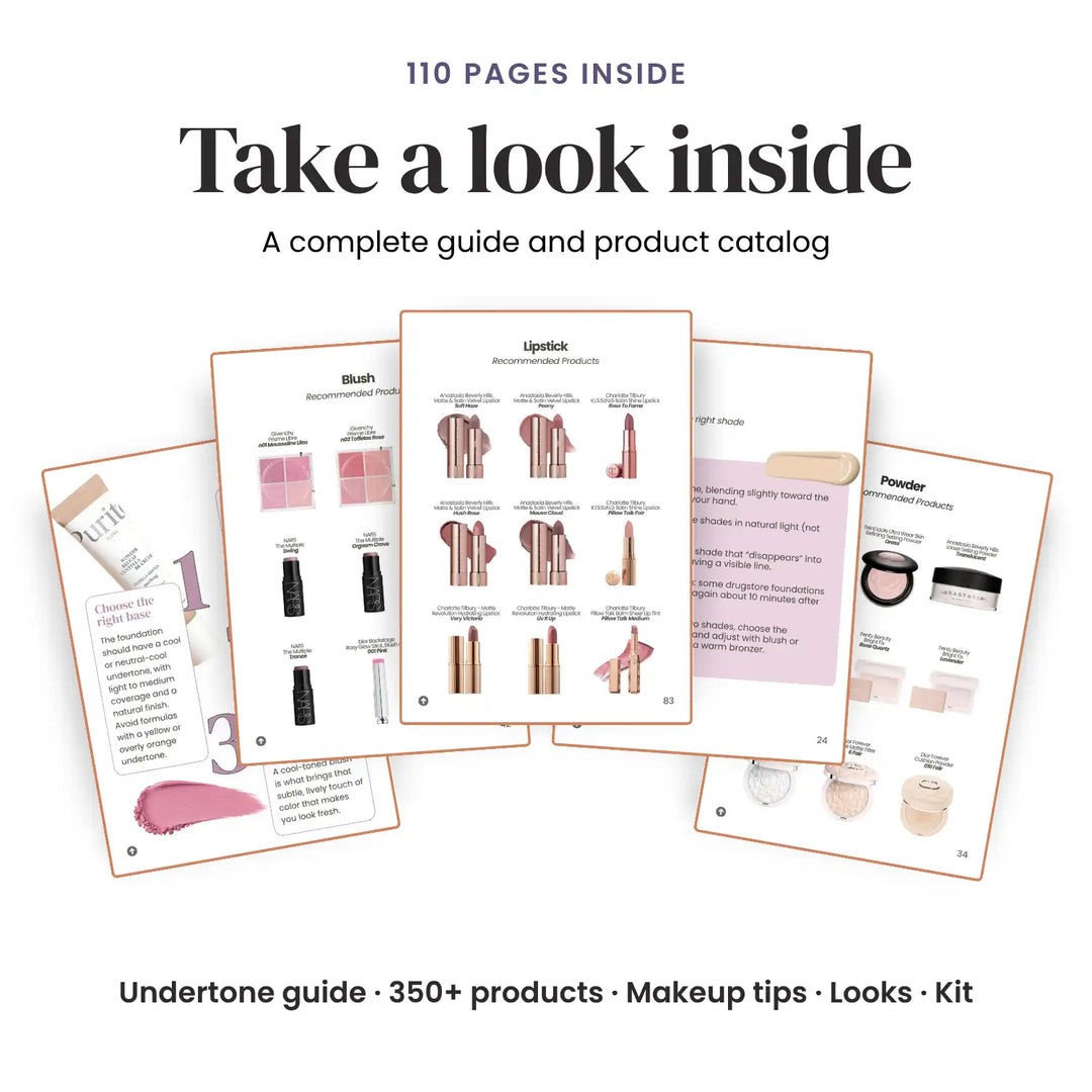 Promotional graphic for a makeup guide book showing several interior pages fanned out on a white background, with headline text reading 'Take a look inside' and supporting text about 110 pages and 350+ products. #season_Summer