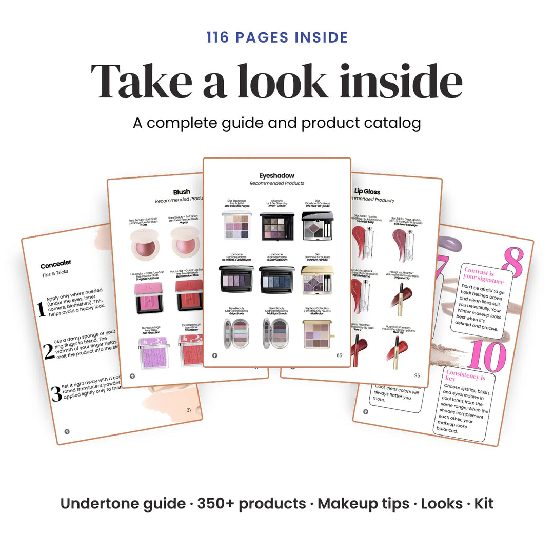 Promotional graphic for a makeup guide book showing several interior pages fanned out on a white background. Text at the top reads '116 PAGES INSIDE' and 'Take a look inside' with 'A complete guide and product catalog' below. #season_winter