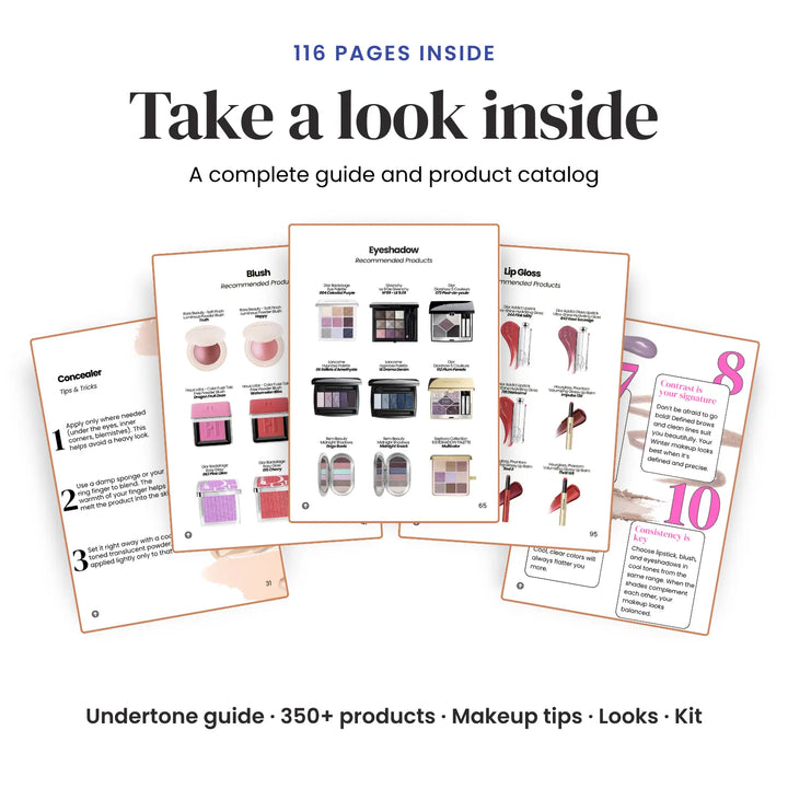 Promotional graphic for a makeup guide book showing several interior pages fanned out on a white background. Text at the top reads '116 PAGES INSIDE' and 'Take a look inside' with 'A complete guide and product catalog' below. #season_winter