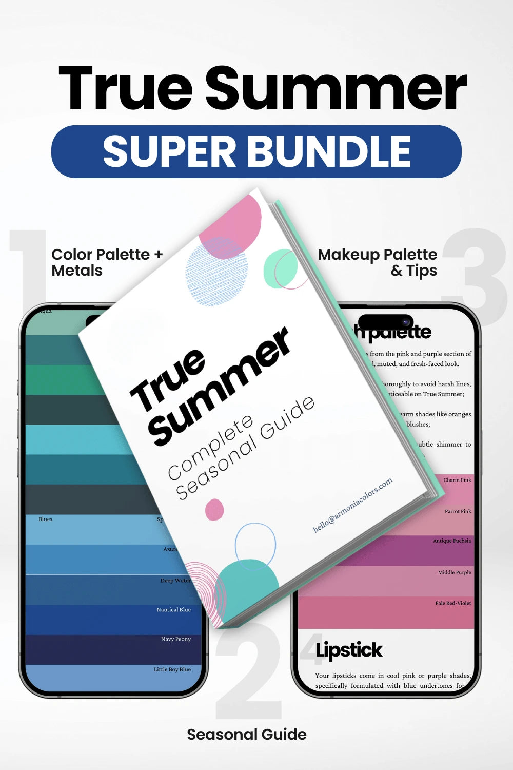 true summer super bundle. seasonal guide in the center, color palette on the left, makeup palette on the right