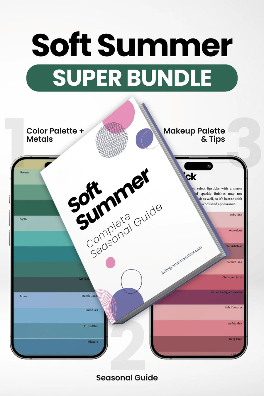 soft summer super bundle. seasonal guide in the center, color palette on the left, makeup palette on the right