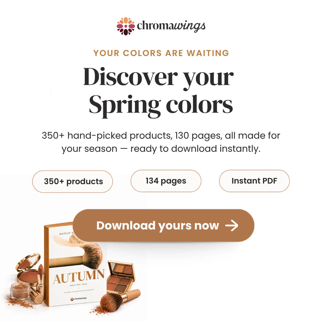 Promotional graphic for Chromawings featuring the headline 'Discover your Spring colors' with supporting text about 350+ hand-picked products and 134 pages. Three rounded rectangles show feature callouts: '350+ products', '134 pages', and 'Instant PDF'. #season_autumn