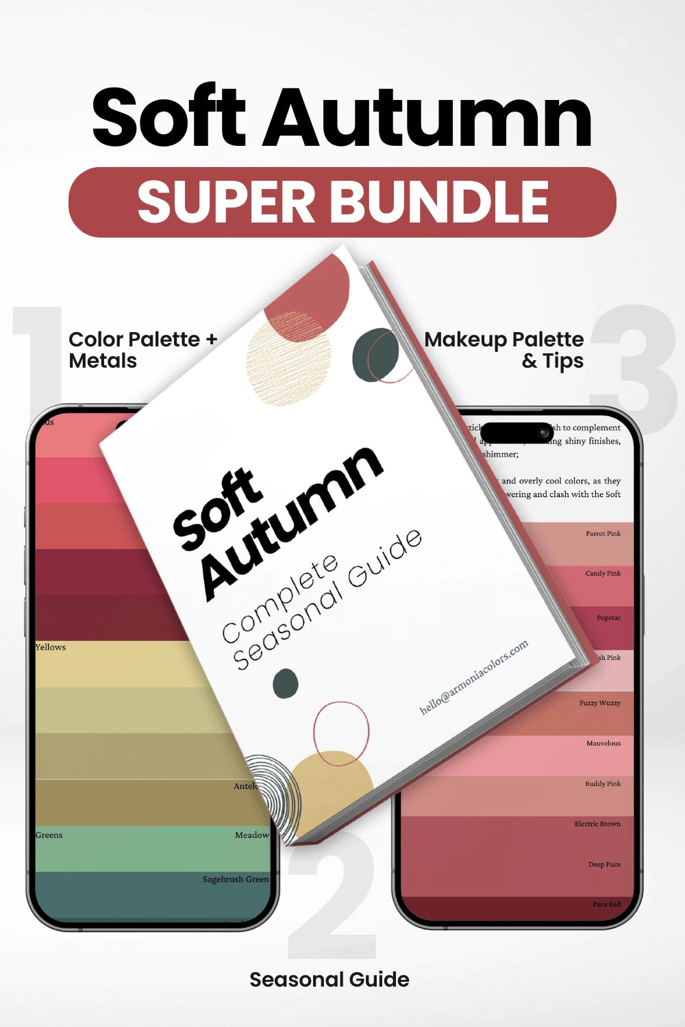 soft autumn super bundle. seasonal guide in the center, color palette on the left, makeup palette on the right