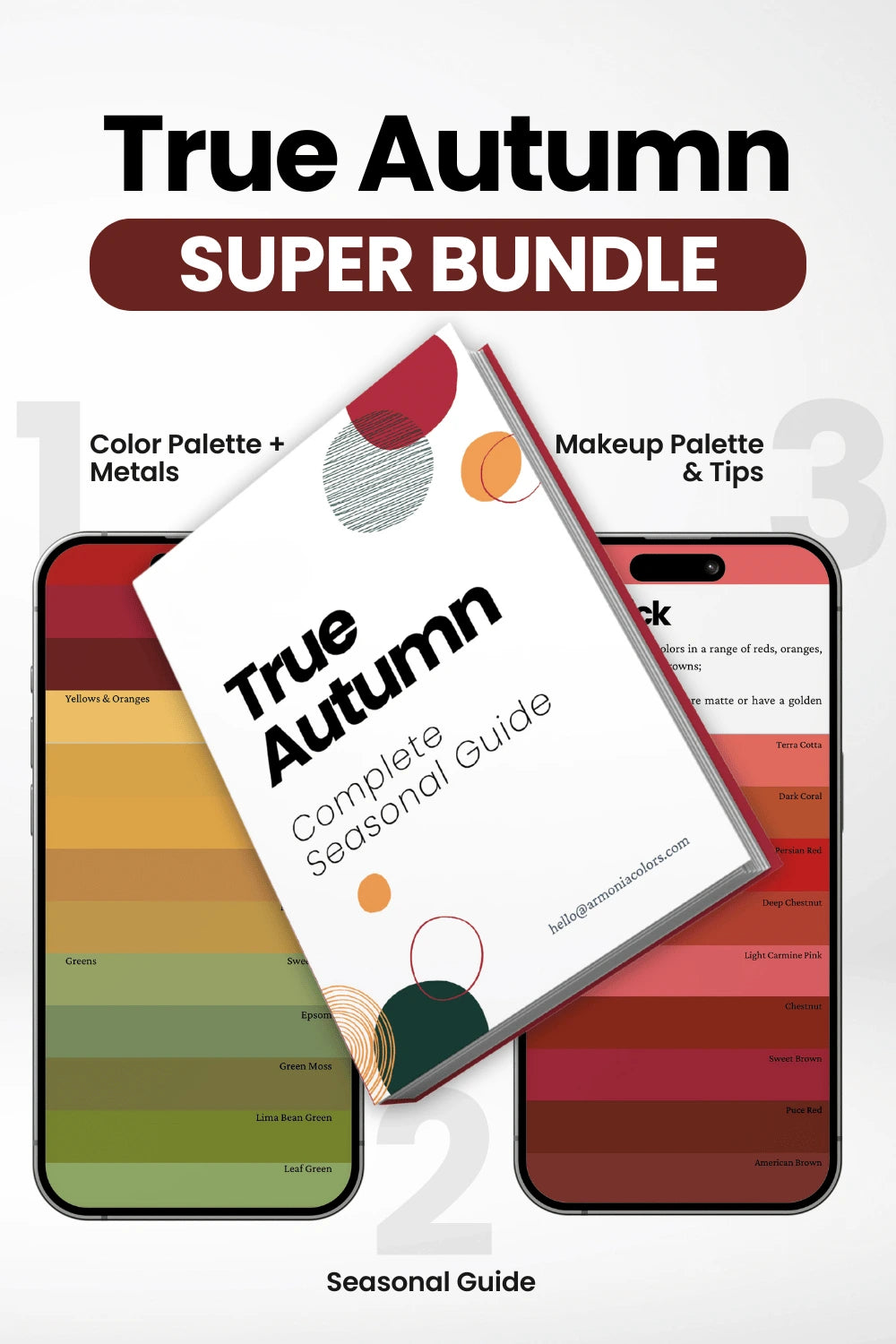 true autumn super bundle. seasonal guide in the center, color palette on the left, makeup palette on the right