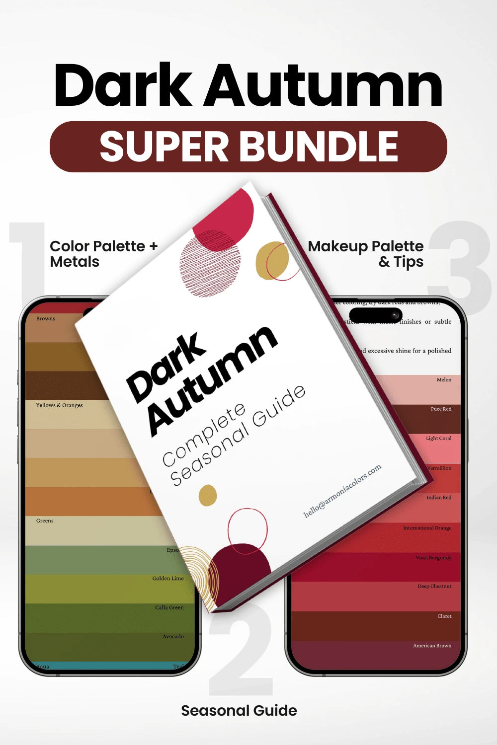 dark autumn super bundle. seasonal guide in the center, color palette on the left, makeup palette on the right