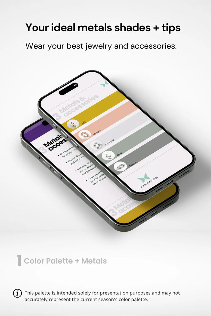 Two phones showing Metals section of Bright Spring palette, text above reads 'Your ideal metals shades plus tips'.