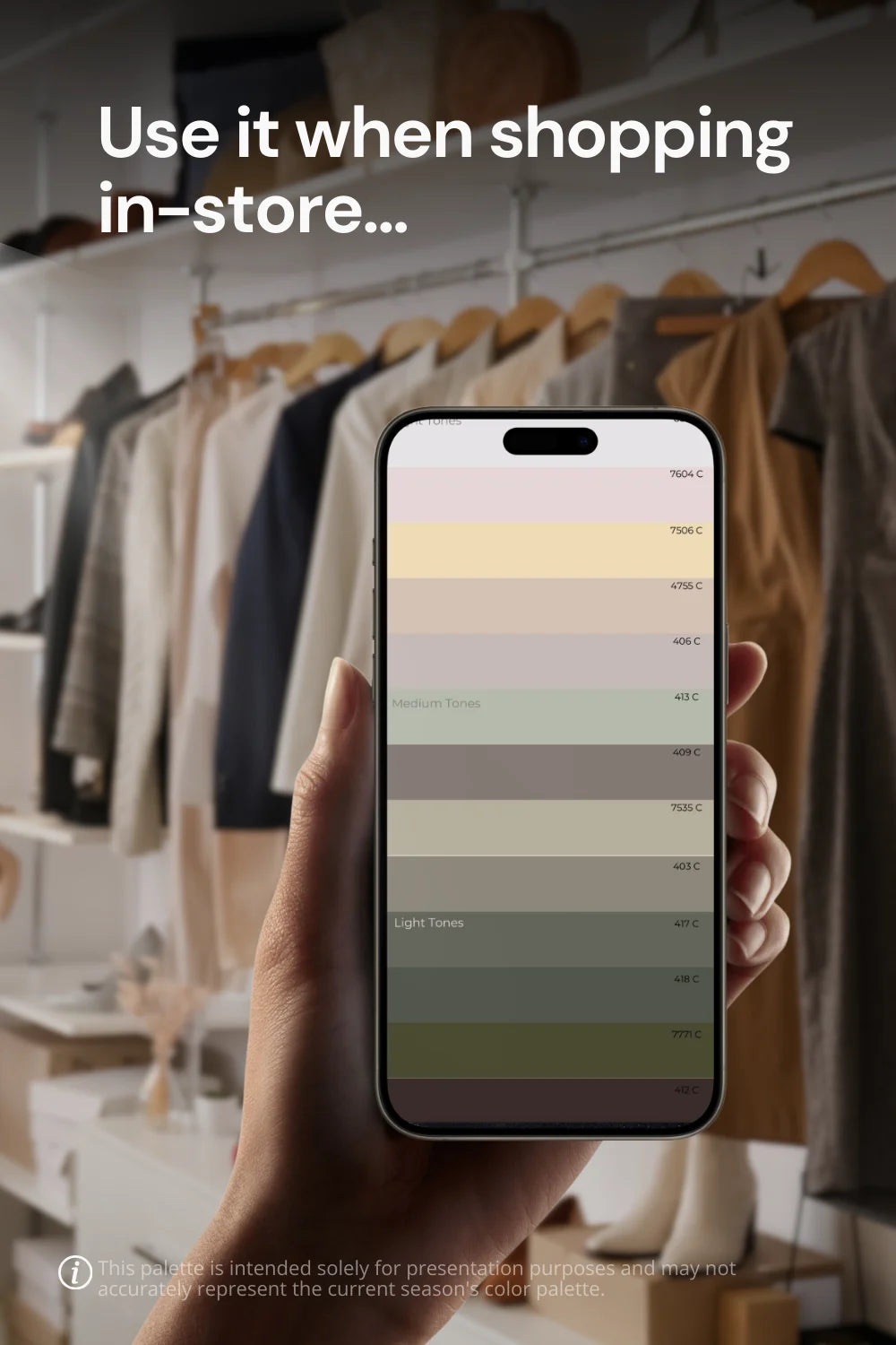 Hand holding phone in clothing store, displaying Bright Spring Color Palette colors for shopping.