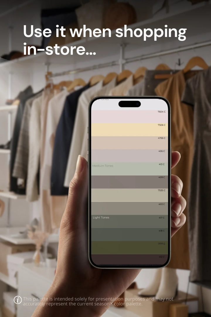 Hand holding phone in clothing store, displaying Bright Spring Color Palette colors for shopping.