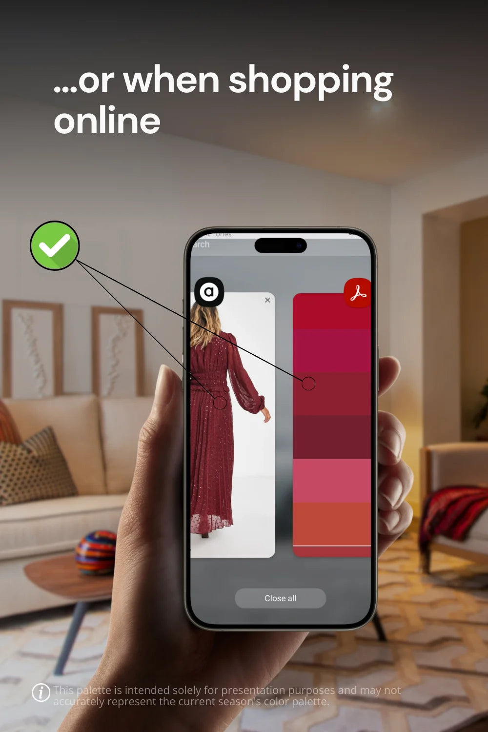 Hand holding phone in a living room, demonstrating how to use the color palette for online shopping, comparing dress color with Bright Spring Color Palette.