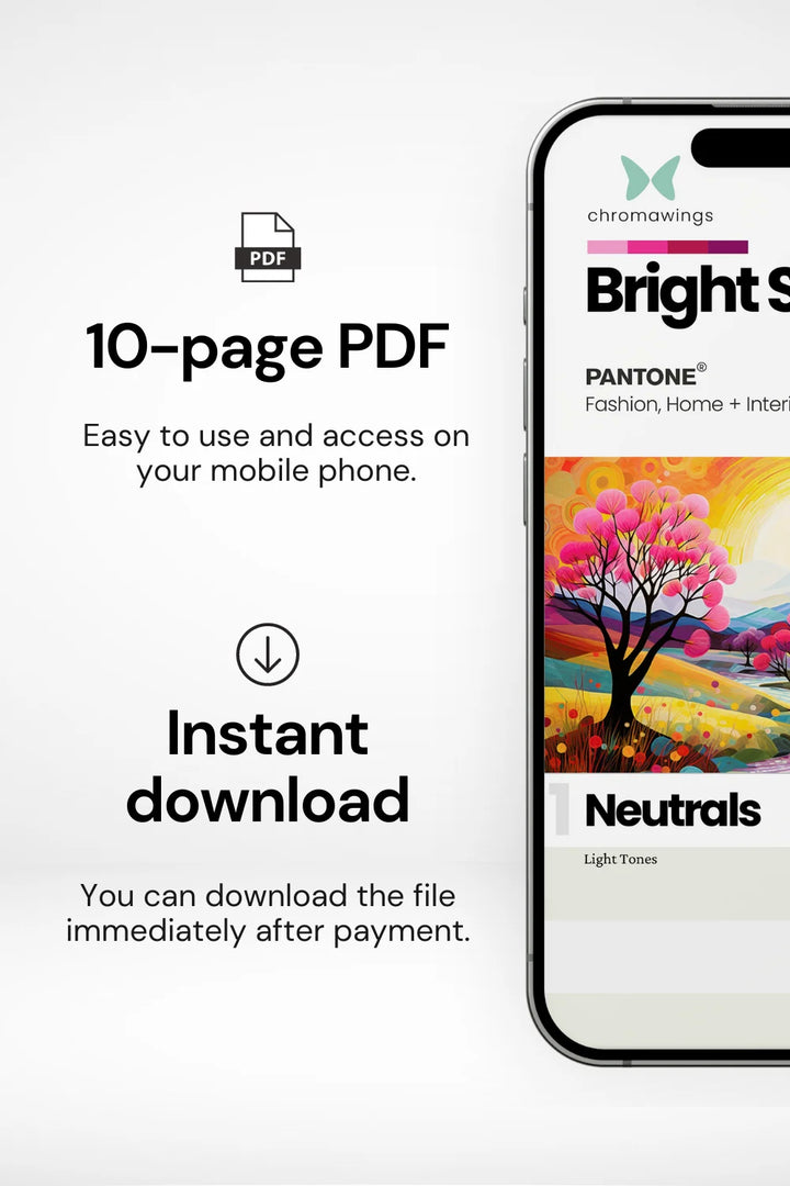 Phone displaying palette cover on right, text on left about 10-page PDF easy to use and instant download.