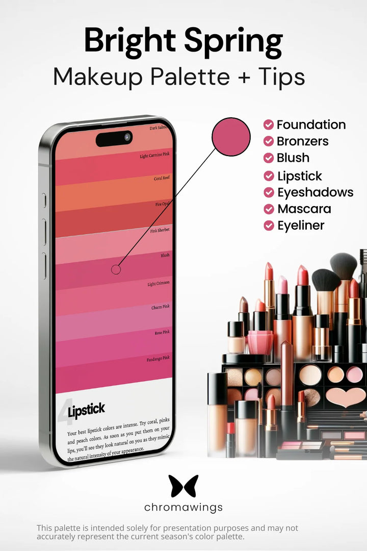 Bright Spring Makeup palette on phone, color pinpointed. Palette title, makeup types listed, shelf image.