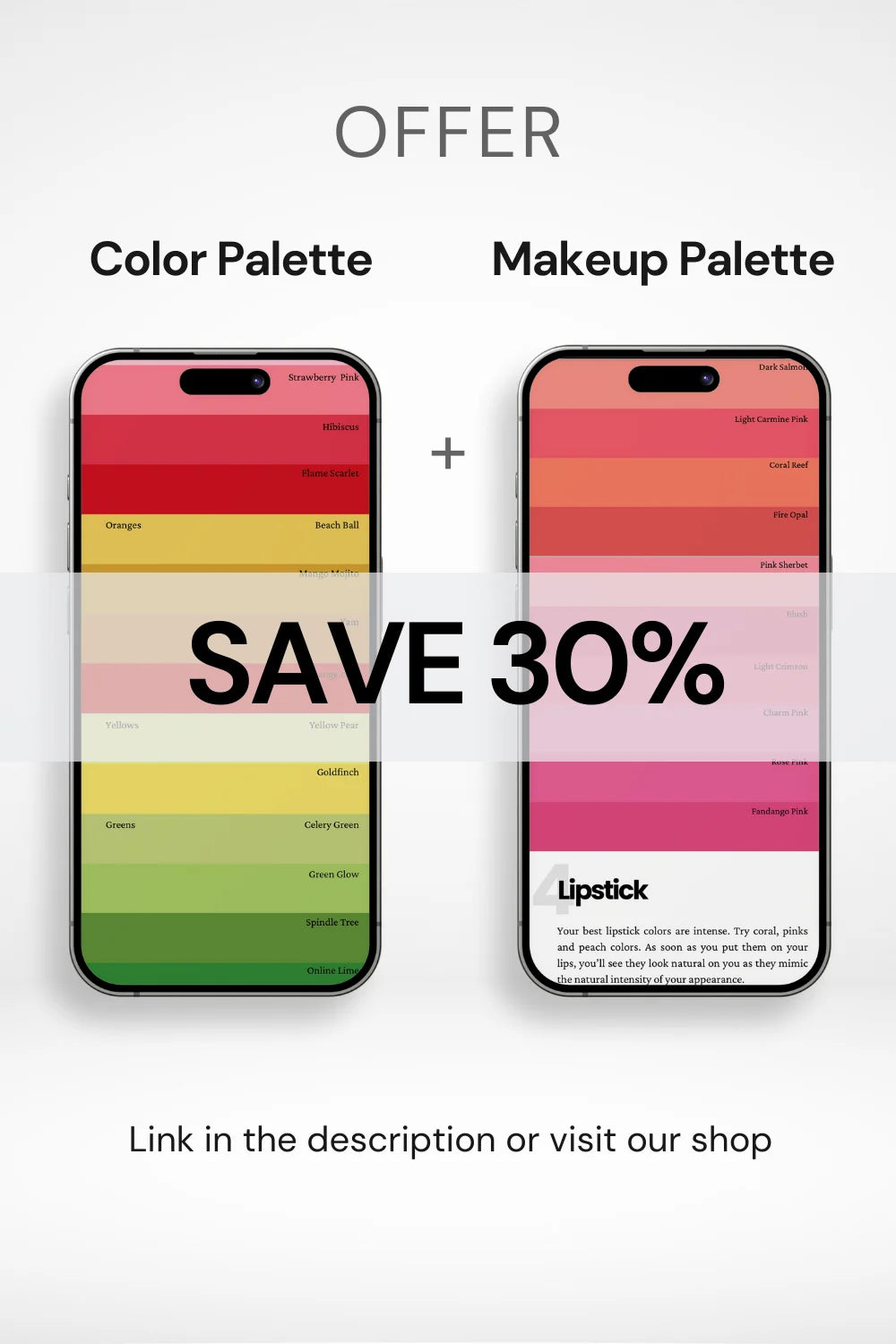 Offer: 30% off on color & makeup palettes. 'SAVE 30%' in bold.