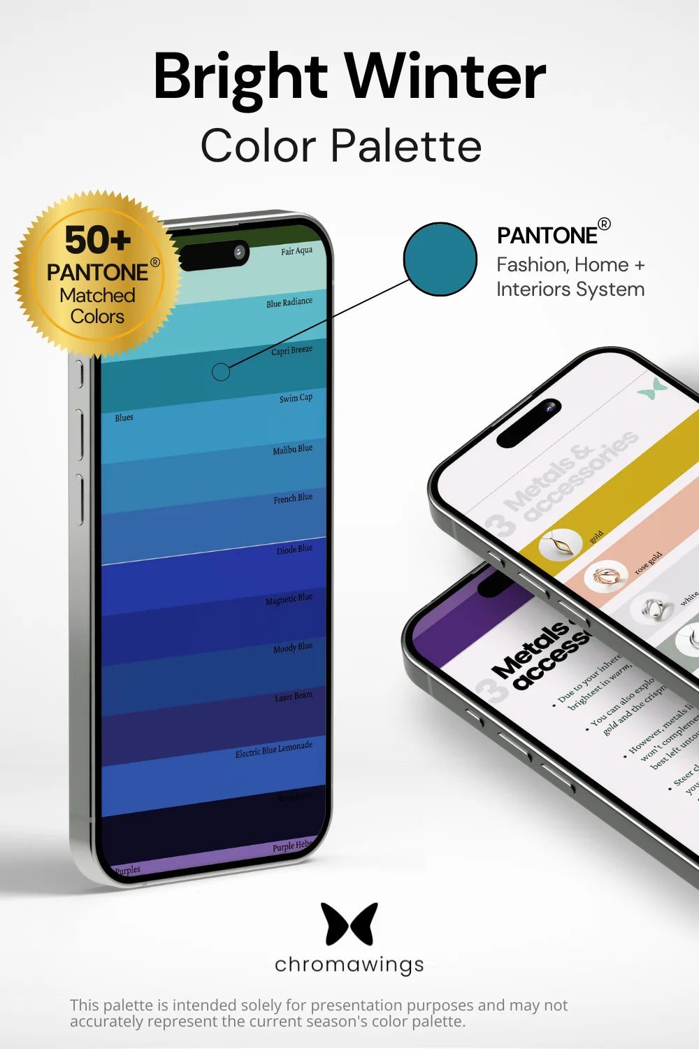 Bright Winter Color Palette displayed on iPhone, colors matching Pantone system. Right: Two phones showing metals section in PDF, bold title and Chromawings logo at bottom.