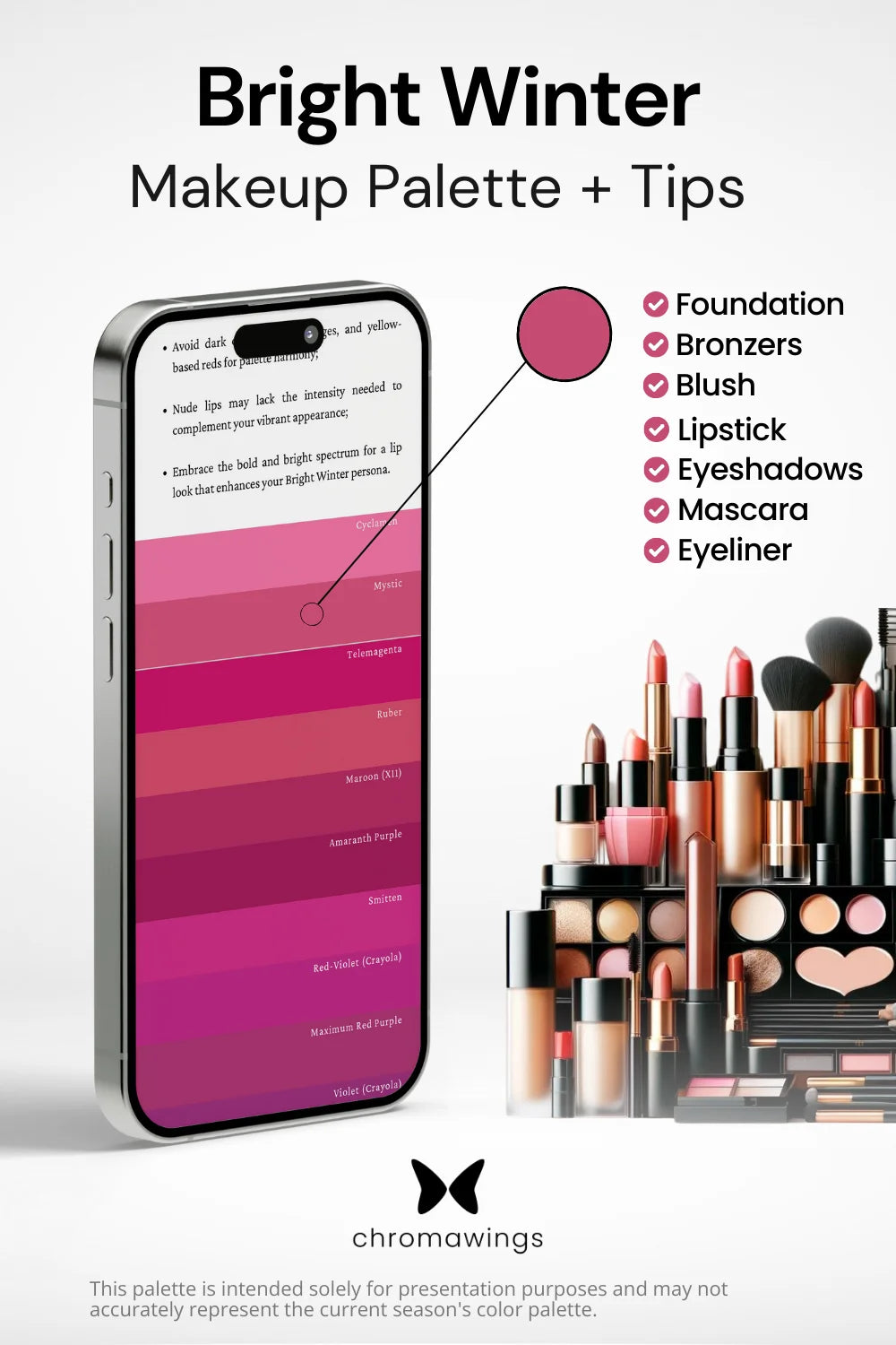 Bright Winter Makeup palette on phone, color pinpointed. Palette title, makeup types listed, shelf image.