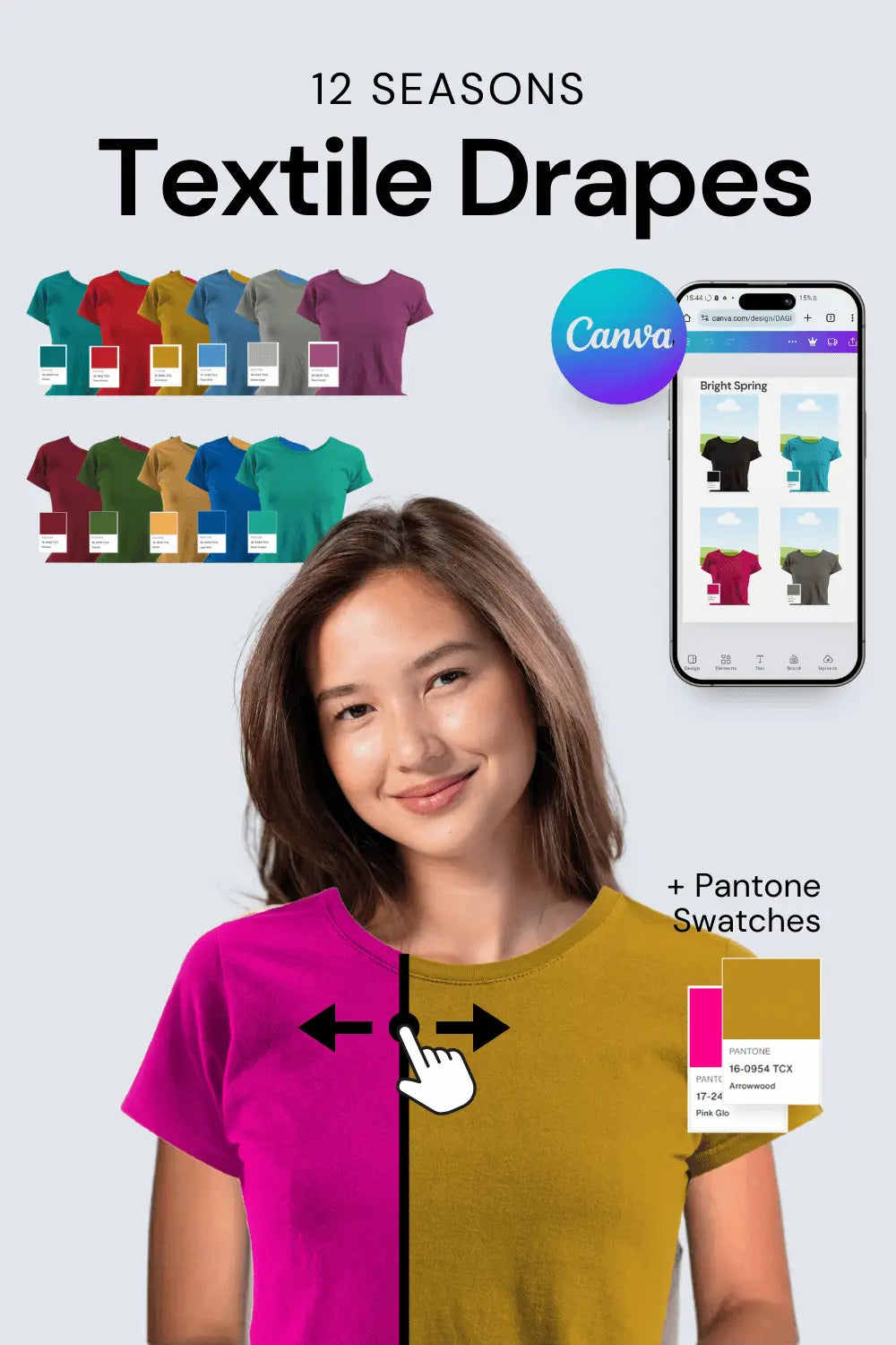 Color Analysis Drapes Kit Cover Image, Woman trying two different tshirts to see which one is better for her, presenting how the kit is going to be used