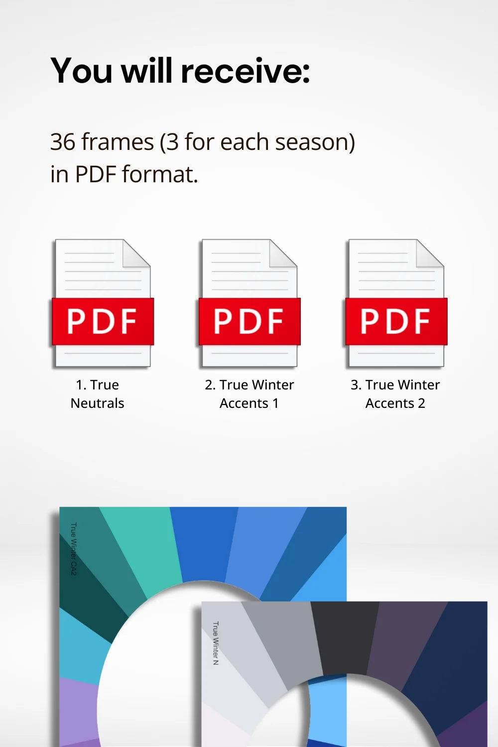 Image displaying 12 frames included in the Color Analysis Printable Face Frames Kit, available in PNG and PDF formats, with three examples of each shown.