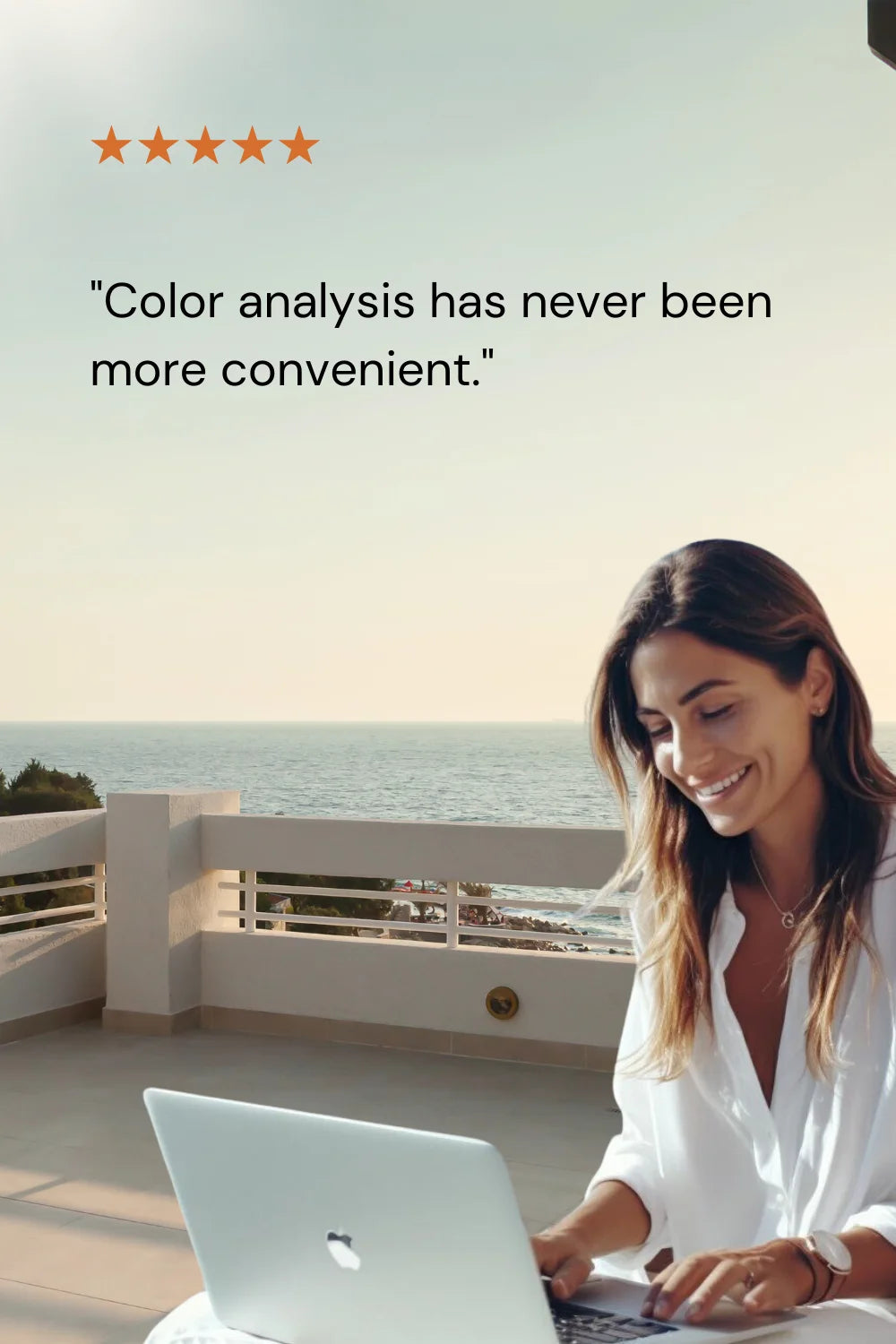 Color Analysis Kit suited for individuals, woman on terrace near sea using laptop.