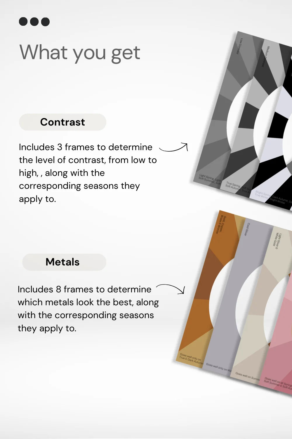 Color Analysis Kit contents: contrast and metals frames showcased