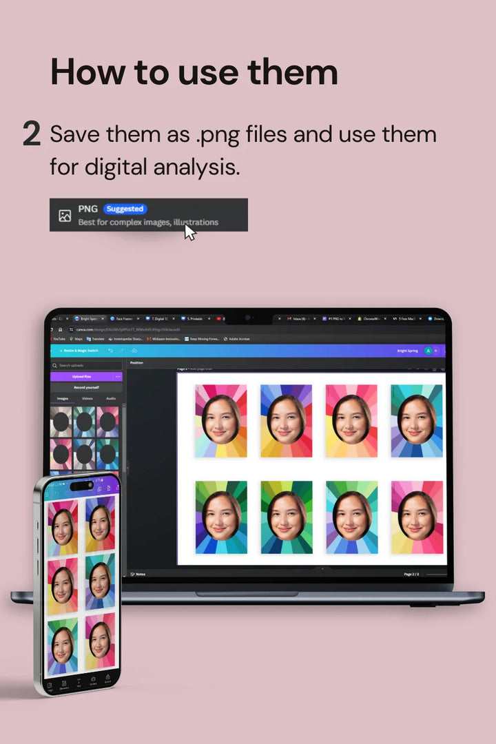 Color Analysis Canva Template: Laptop and phone displaying digital face frames created with template.