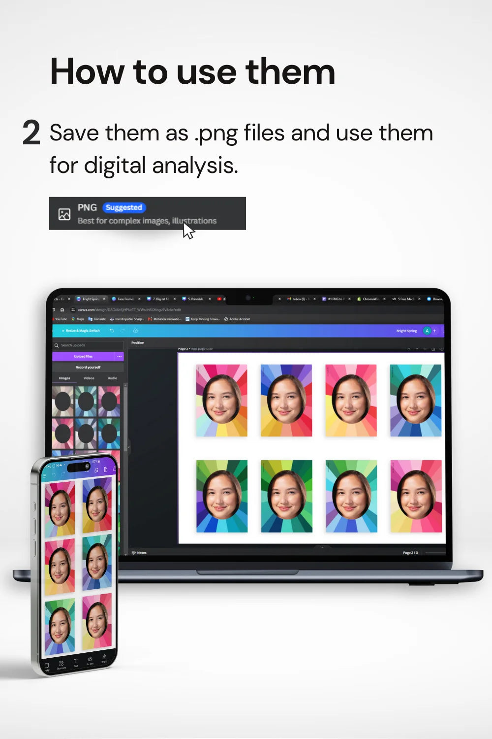 Color Analysis Canva Template: Laptop and phone displaying digital face frames created with template.