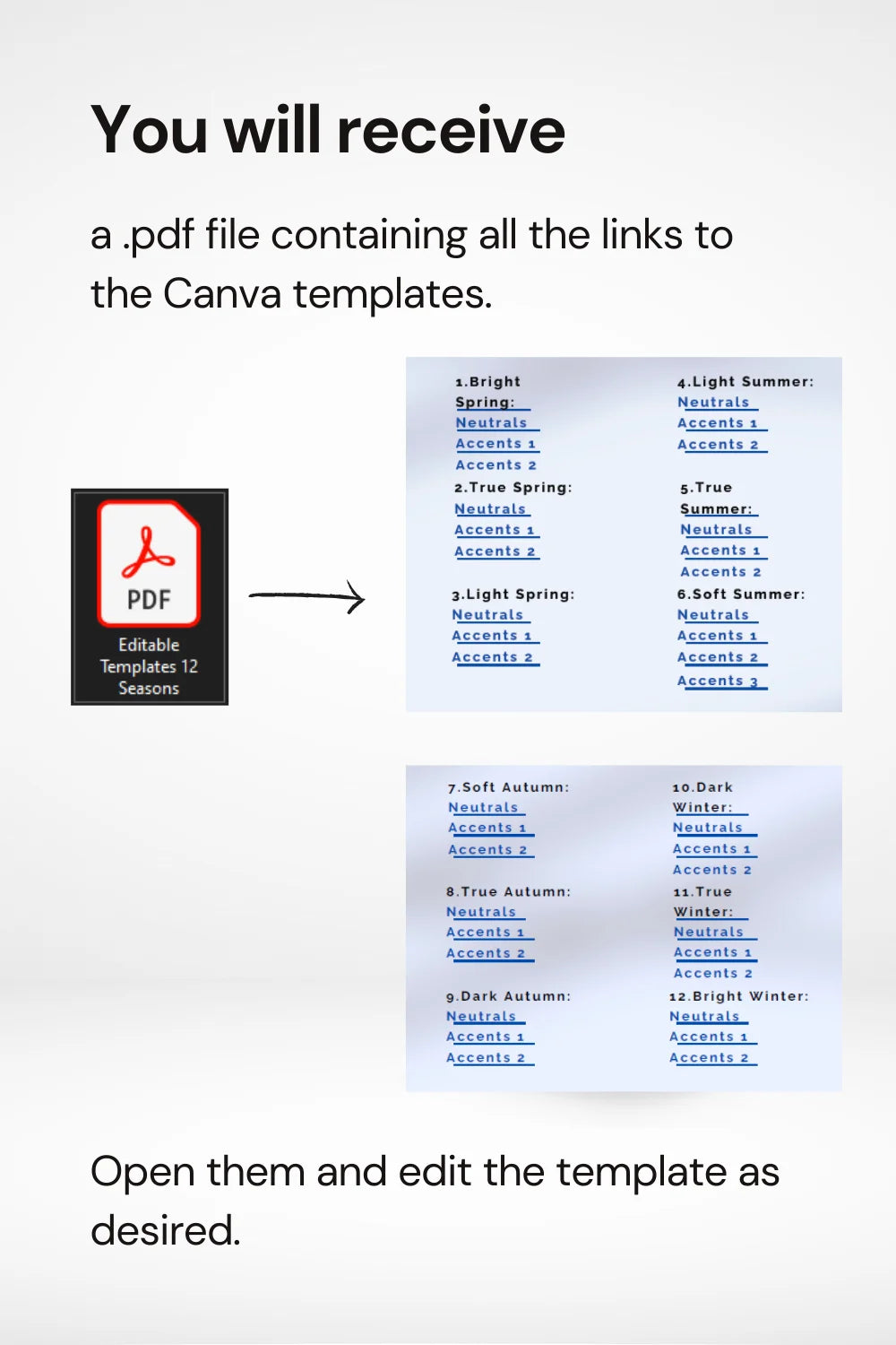 Color Analysis Canva Template: .pdf file with link to Canva template.