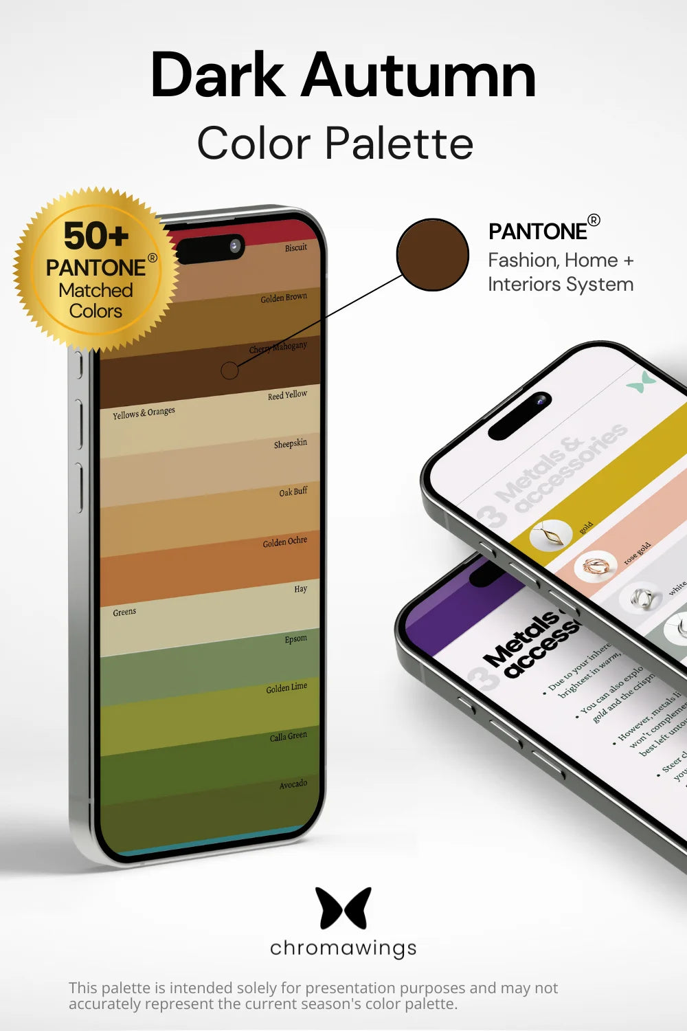 Dark Autumn Color Palette displayed on iPhone, colors matching Pantone system. Right: Two phones showing metals section in PDF, bold title and Chromawings logo at bottom.