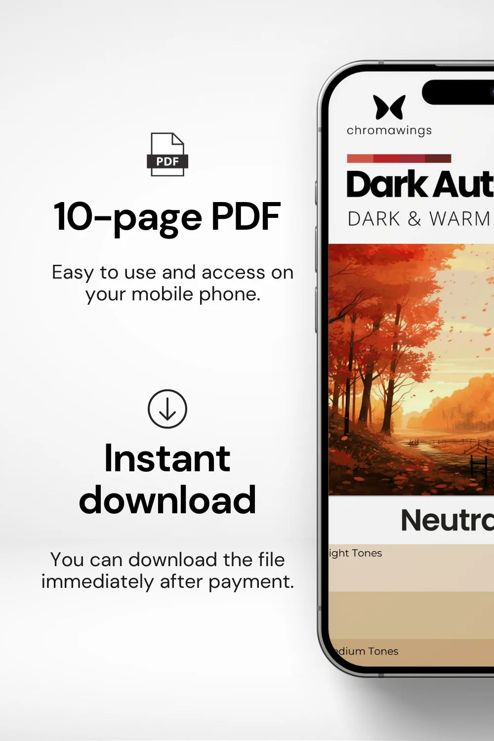 Phone displaying palette cover on right, text on left about 10-page PDF easy to use and instant download.