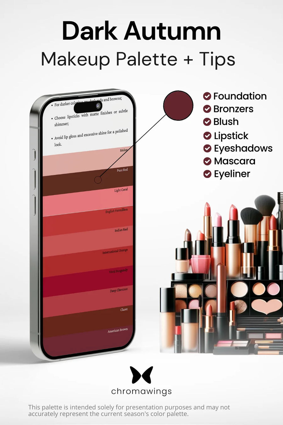 Dark Autumn Makeup palette on phone, color pinpointed. Palette title, makeup types listed, shelf image.