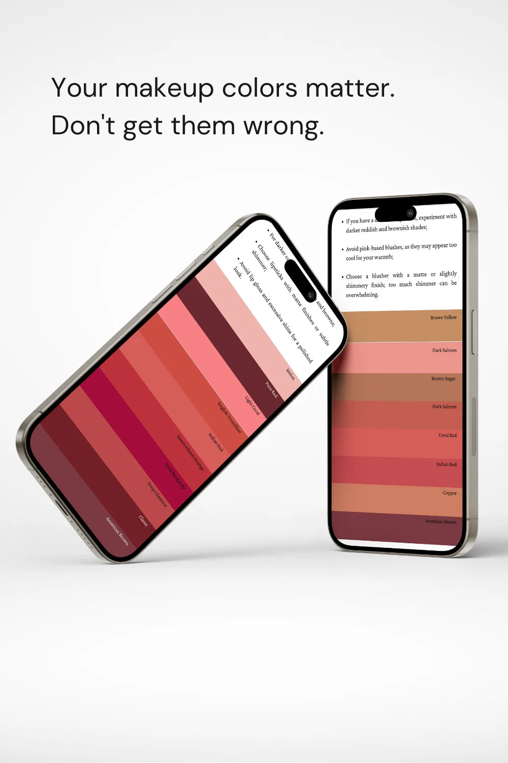 Phones displaying Dark Autumn palette. Text: 'Your makeup colors matter. Don't get them wrong.