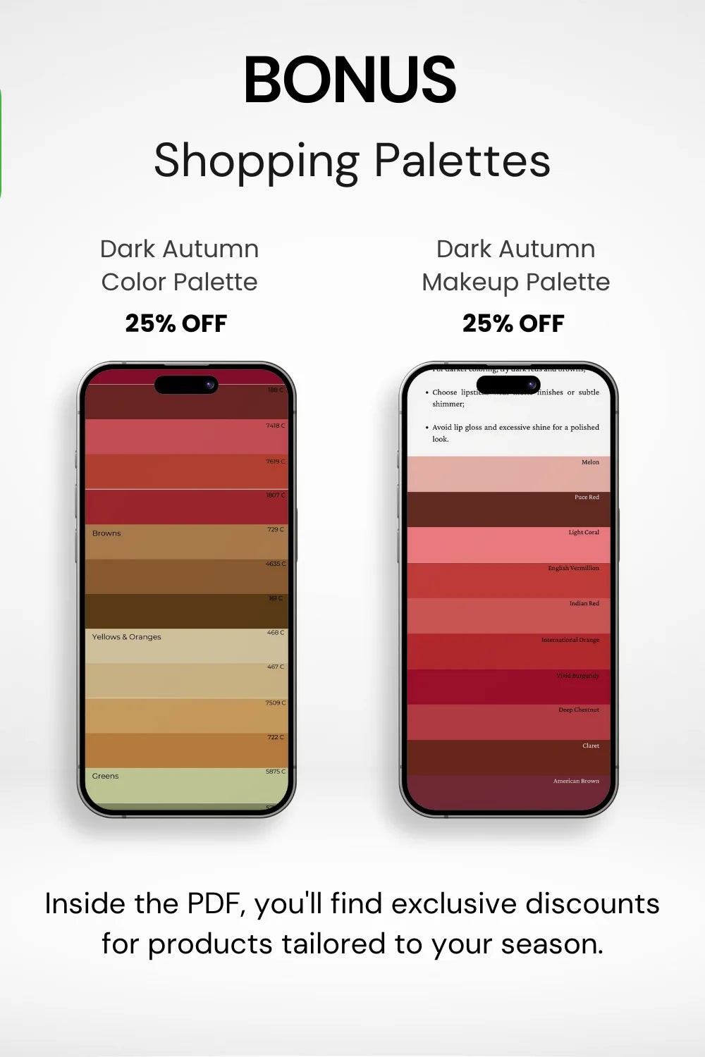 Bonus: Shopping palette inside Dark Autumn Seasonal Guide, offering 25% off color and makeup palettes.