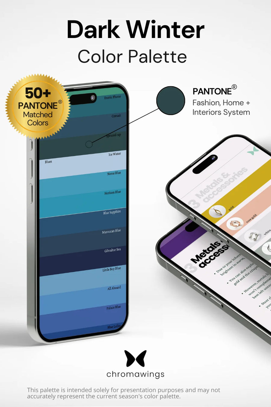 Dark Winter Color Palette displayed on iPhone, colors matching Pantone system. Right: Two phones showing metals section in PDF, bold title and Chromawings logo at bottom.