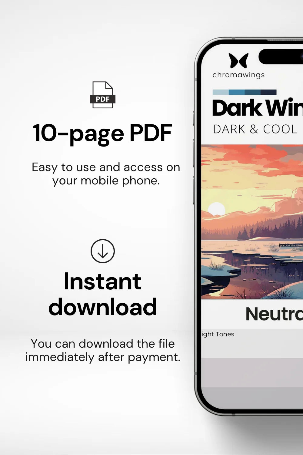 Phone displaying palette cover on right, text on left about 10-page PDF easy to use and instant download.