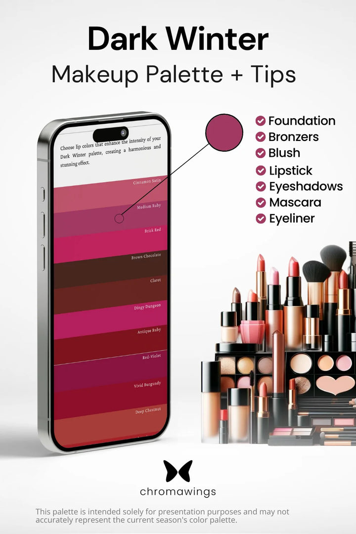 Dark Winter Makeup palette on phone, color pinpointed. Palette title, makeup types listed, shelf image.