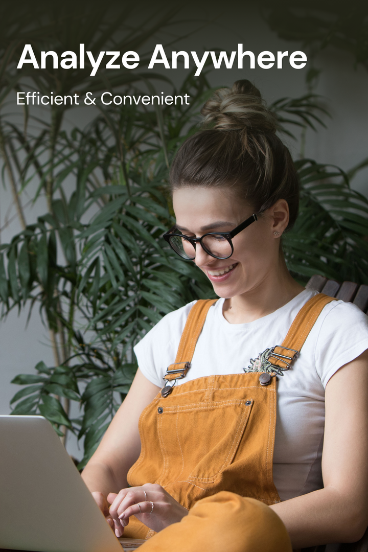 Color Analysis Kit: Woman Working on Laptop, Plants in Background - 'Analyze Anywhere: Efficient & Convenient