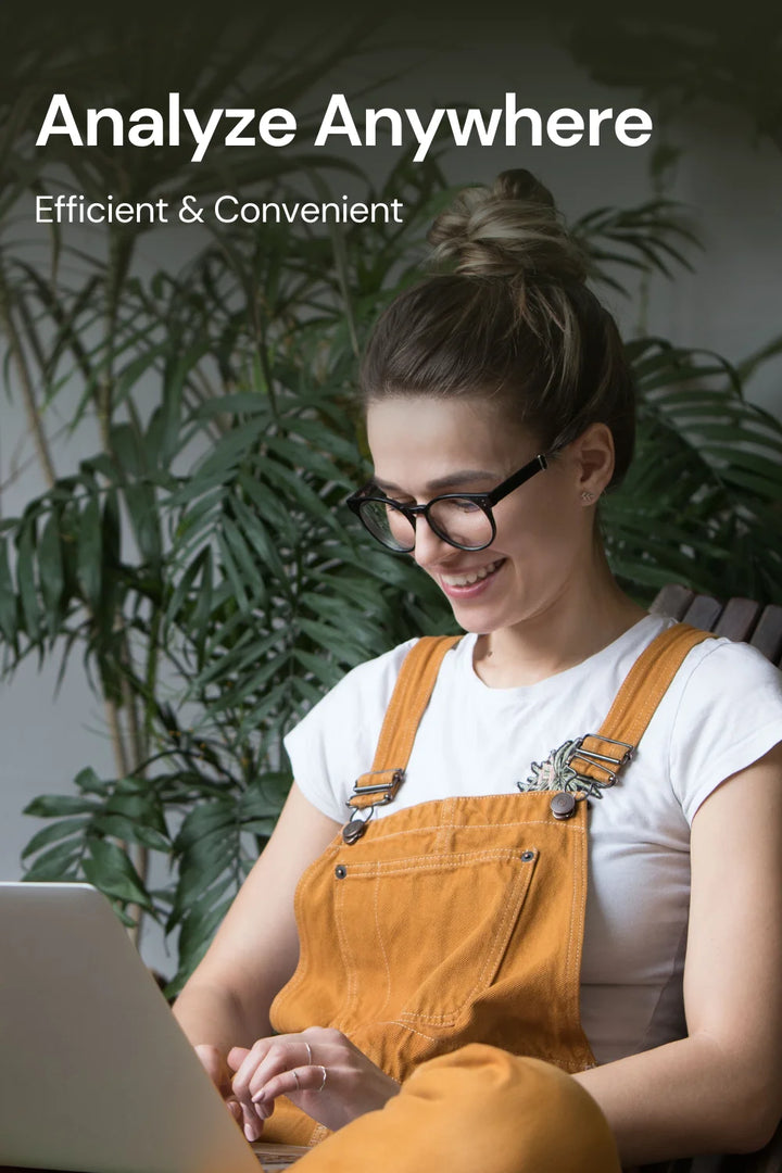 Color Analysis Kit: Woman Working on Laptop, Plants in Background - 'Analyze Anywhere: Efficient & Convenient