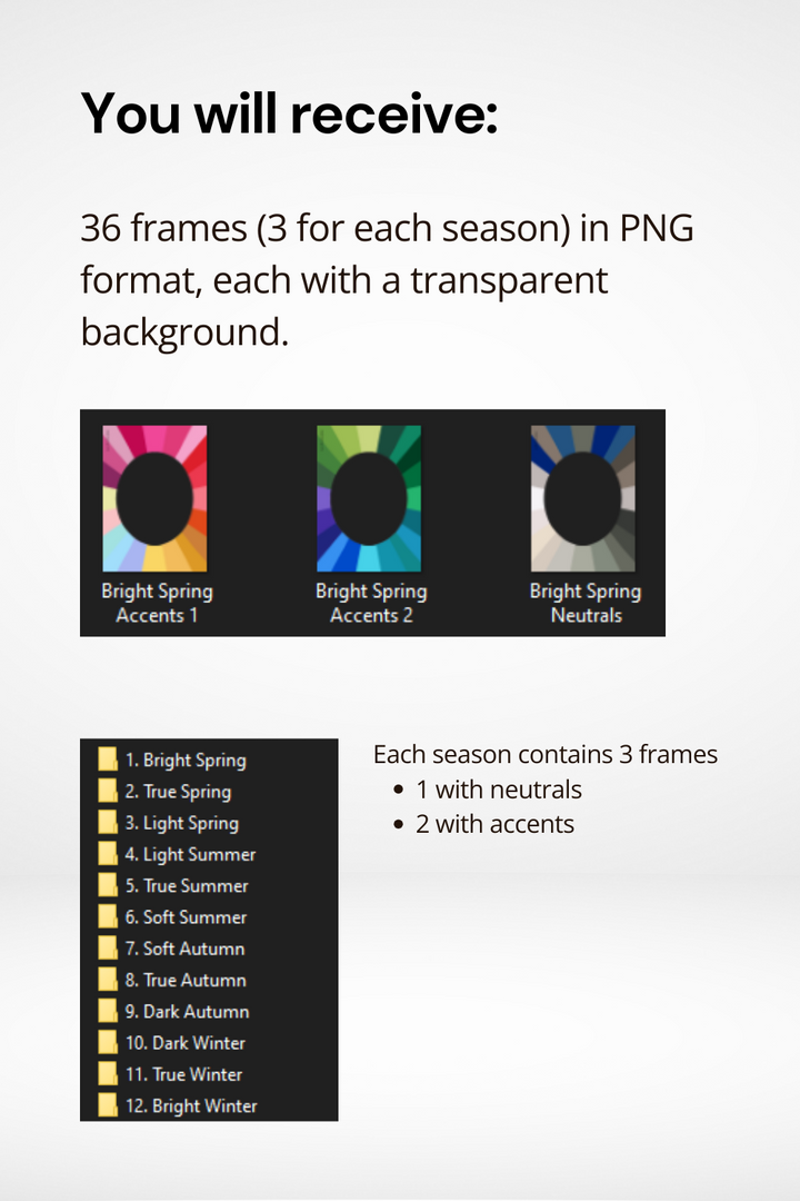 Color Analysis Kit: 36 Frames in PNG Format, Organized by 12 Seasons