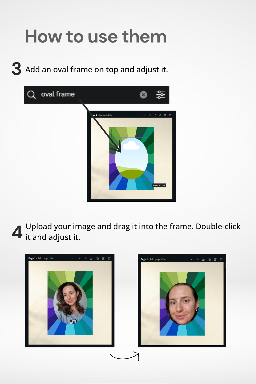 Color Analysis Kit: How to Use - Step 3: Add Oval Frame, Step 4: Upload Your Image and Drag Over Oval Frame