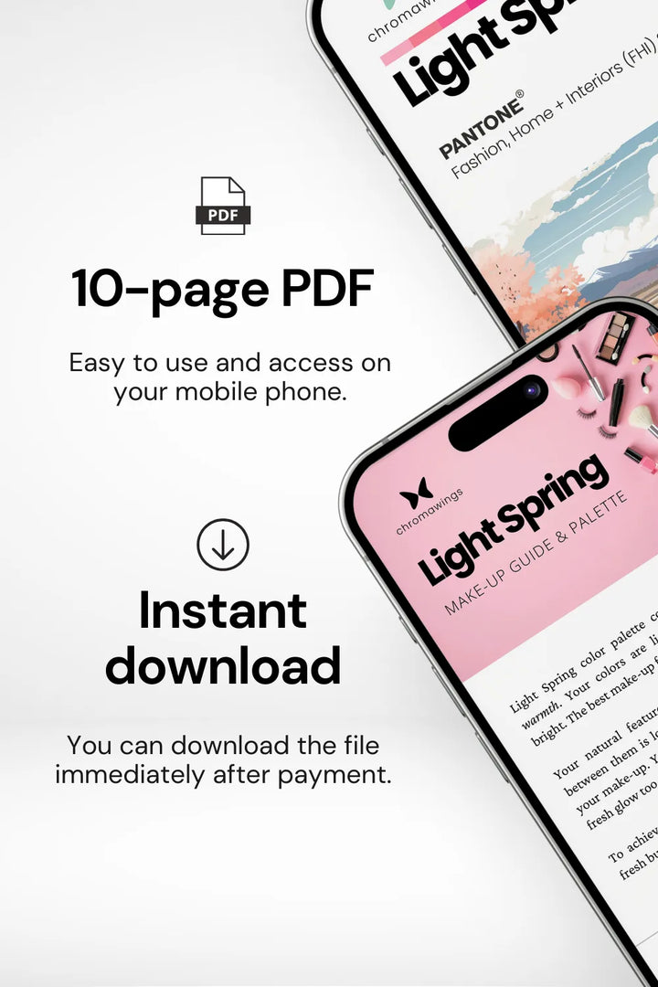 Two phones demonstrating the use of the Makeup Palette from the Light Spring Palette Pack, with tips for matching makeup shades. Titled 'Your Ideal Makeup Shades', and a subtitle suggesting pairing with your best jewelry and accessories.